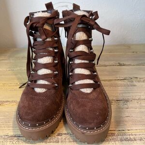 Steve Madden rainier suede faux fur studded block heel combat boots cognac Sz 8